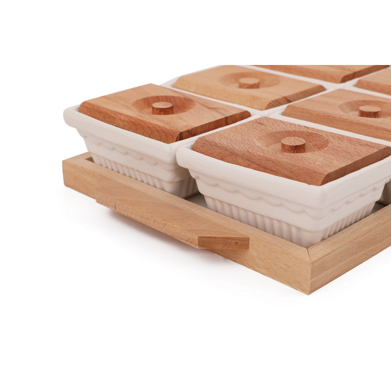 Ensemble de 7 bols élégants avec plateau en bois, 12,6 po x 8,7 po x 2,8 po | 100% porcelaine, parfait pour servir et recevoir | Ne va pas au lave-vaisselle ni au micro-ondes, idéal pour les repas et les réunions à la maison élégants