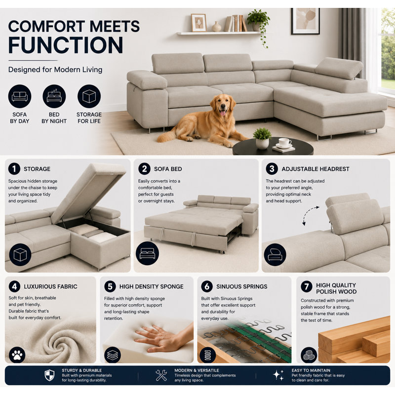 Flavius Corner Sofa Bed, Right Hand Facing, Taupe