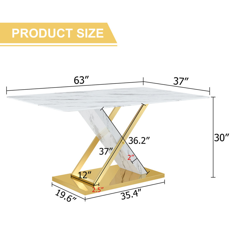 Marbled Glass Dining Table With X-Legs, White, Gold