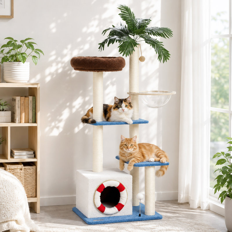 Arbre à chat 53,2 po H Coconut Palm Island pour chats multiples avec plateformes spacieuses, condo confortable et poteaux à griffer en sisal, style vacances tropicales