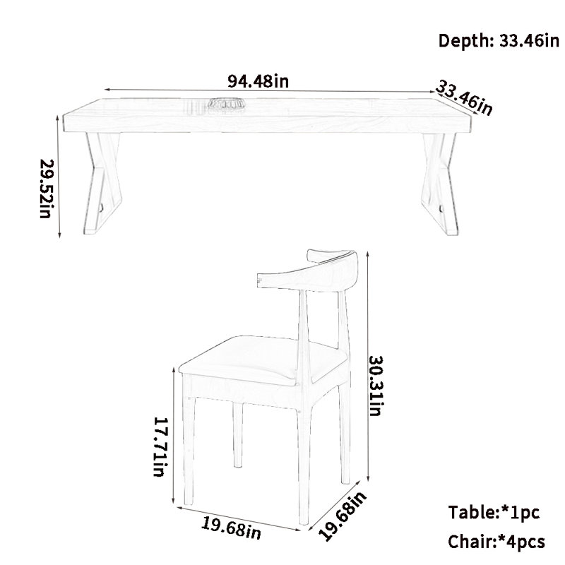 Ensemble de table de salle à manger simple en bois massif, H 29,52 po x L 94,48 po x l 33,46 po