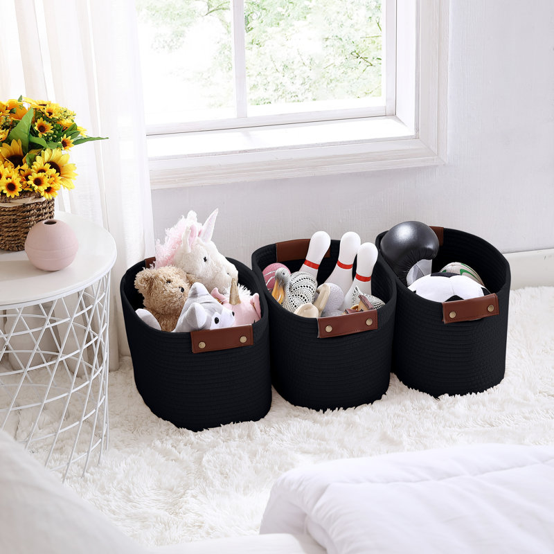 Black Cotton Rope Storage Baskets with Faux Leather Handles