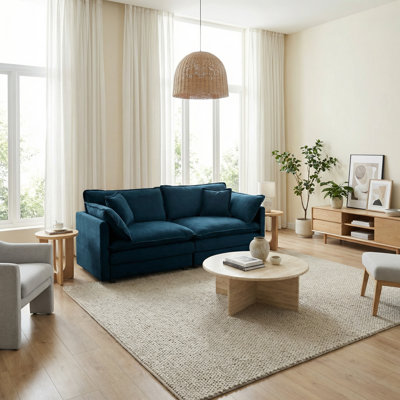 Canapé bleu modulaire à 2 places en chenille et canapé profond avec 4 coussins décoratifs