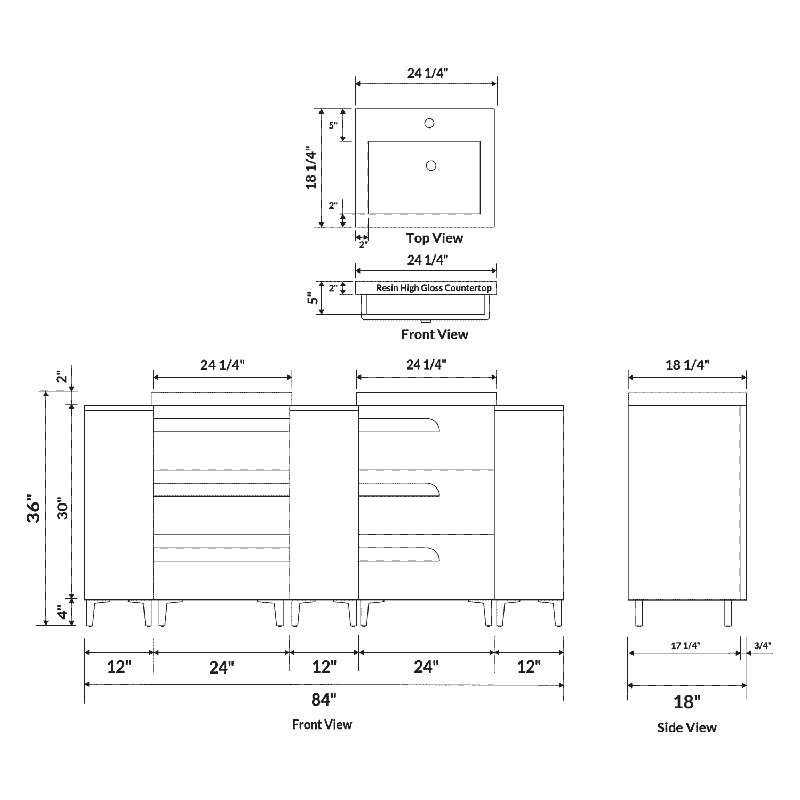 Meuble-lavabo double l 84 po x P 18 po x H 36 po