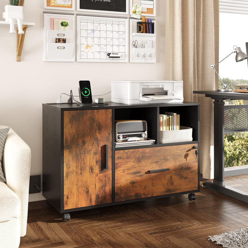1 Drawer Rolling File Cabinet Locking File Cabinet with Charging Station, Rustic Brown