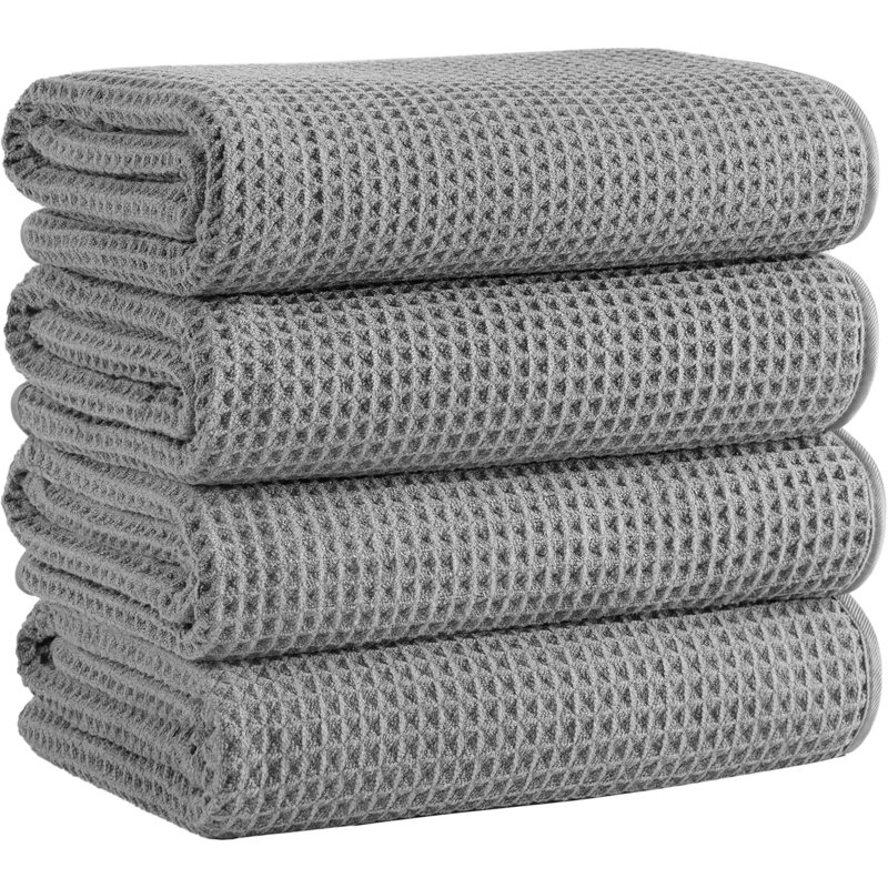 Waffle Bath Towels, 4 Pieces, Soft, Absorbent, Fast Drying, Lint Free (Gray)
