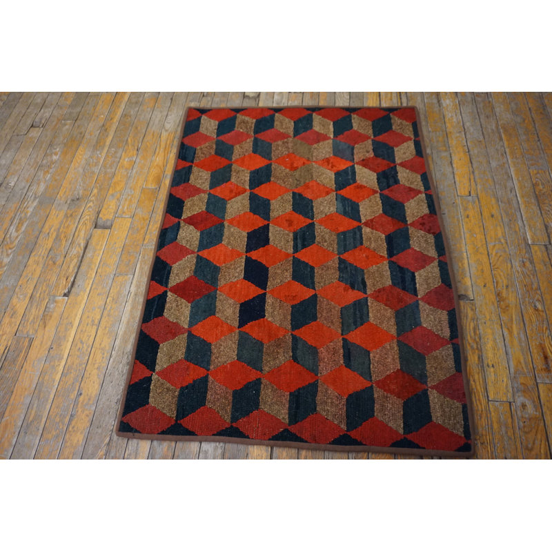Antique Allover Geometric Wool &amp; Cotton Hooked - Loop Pile Multicolor Jewel Tones 1925 Rug