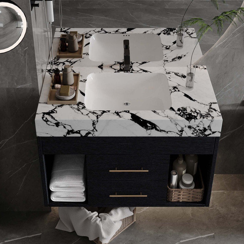 Meuble-lavabo moderne flottant avec lavabo sous-comptoir en céramique fritté, Noir, 30", Blanc/Noir
