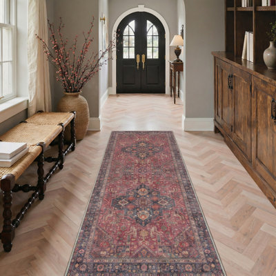 Astoria Grand Vintage Persian Medallion Area Rug Machine Washable Non Slip Red Blue Traditional Runner Carpet