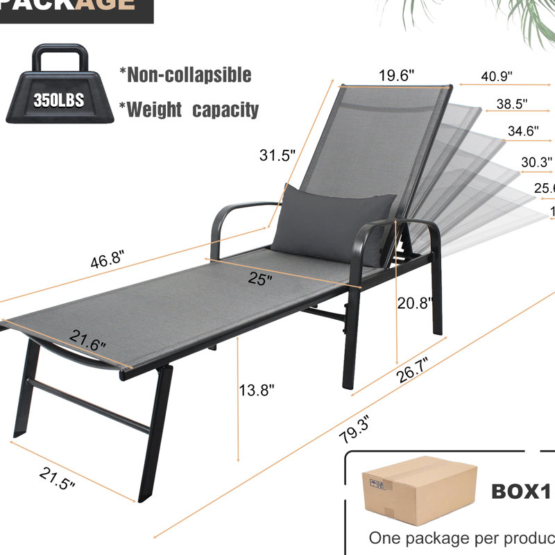 Outdoor Poolside Lounge Chair In Gray - Steel, Rust Resistance, Waterproof Fabric, Pillow, Adjustable Patio Recliner Strong Steel Construction, Breathable