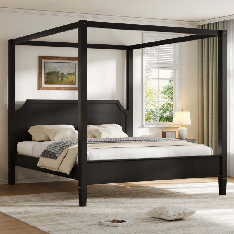 Lit plateforme à baldaquin en bois avec tête de lit et pieds de support, Grand lit, Noir