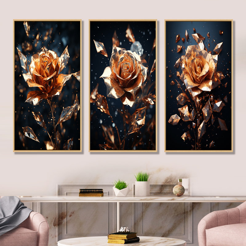 «Rose Flowers I», ensemble d'art mural sur toile rose, H 40 po x l 60 po, Cadre flottant brun