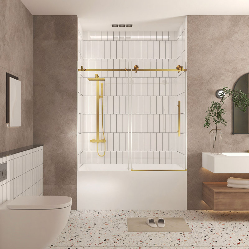 Frameless Shower Door 56-60 "W X 60" H, 1/4 "(6 Mm) Clear Tempered Glass, Explosion Proof Film, Stainless Steel Handle