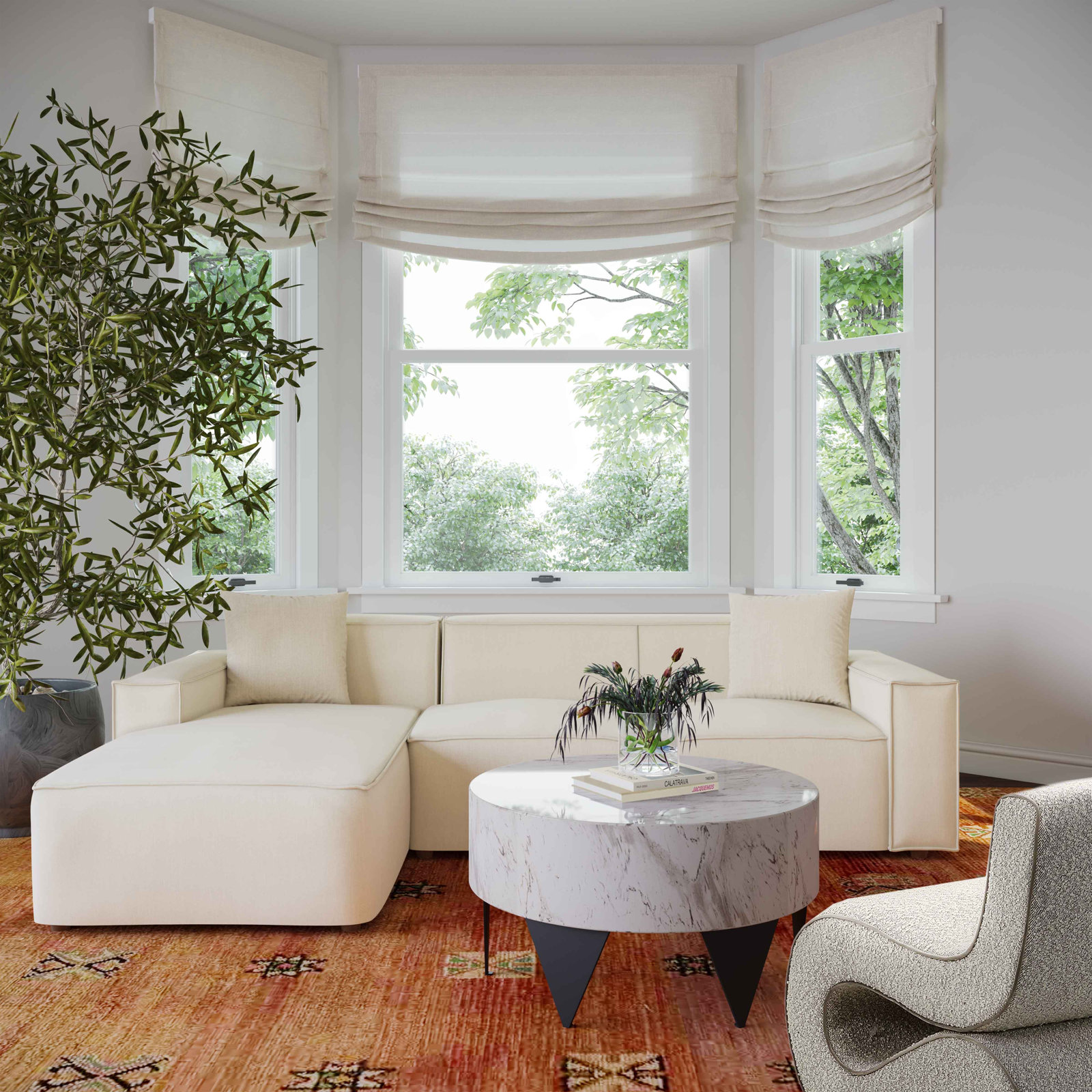 Linen Sofa and Chaise, Cream Velvet, Left Hand Facing