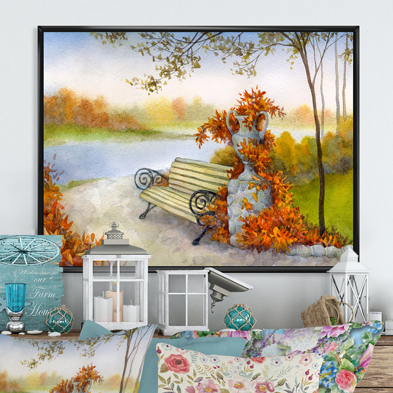 Floral Bench in Autun Park - reproduction de photo sur toile, H 12 po x l 20 po x P 1 po, Toile avec cadre flottant noir