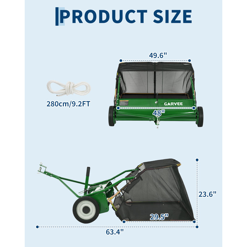 Balayeuse de 48 pouces derrière la pelouse, ramasseuse de feuilles et d'herbe en acier au carbone robuste de 16 pieds cubes avec sac, outil de nettoyage de la cour arrière pour tondeuse autoportante, vert