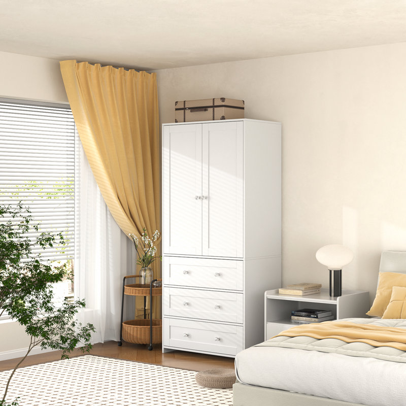 2-Door Sandrea With Mirror, Wardrobe Closet With 3 Drawers, Blanc