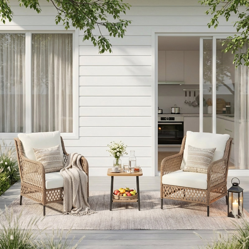 2-Person Outdoor Patio High Back Conversation Set with Wood-Grain Coffee Table & Cushions
