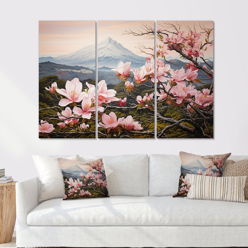 «Magnolias Charm In Mountain Scenery» - Ensemble de décorations murales Magnolias, Toile tendue, H 28 po x l 36 po x P 1 po