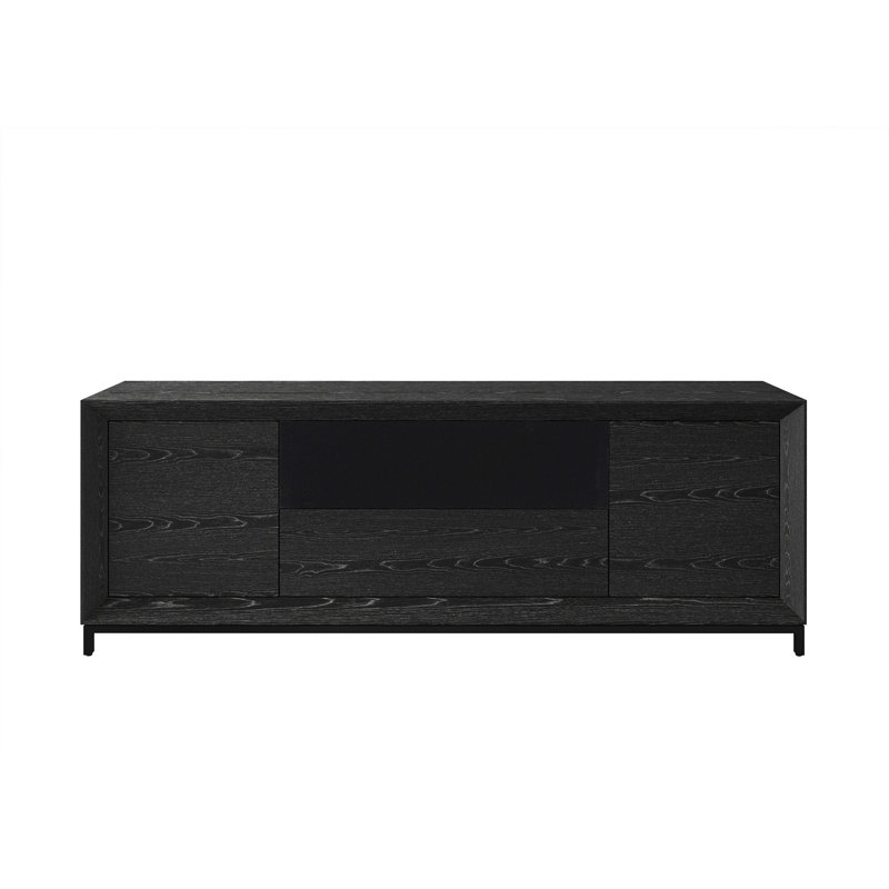 Console multimédia Furnatech Rafaela-86 po au fini ébène avec placages de chêne rouge américain, portes en bois, panneaux arrière amovibles et gestion des câbles