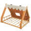 Cabane en bois avec tente de jeu en tissu et guirlande lumineuse suspendue, marron