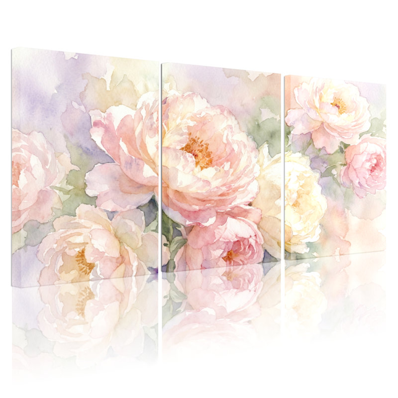 Ensemble de 3 tableaux muraux aquarelle de pivoines sur toile tendue, pour la décoration du salon et de la chambre.