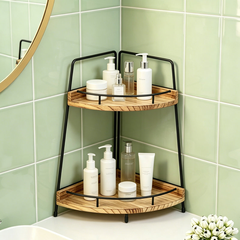 Support à épices multifonctionnel pour comptoir à épices, étagère de rangement pour comptoir de salle de bain à 2 niveaux avec structure en fer, plateau de rangement en bois de 13,7 po de hauteur pour coiffeuse, cuisine, chambre à coucher