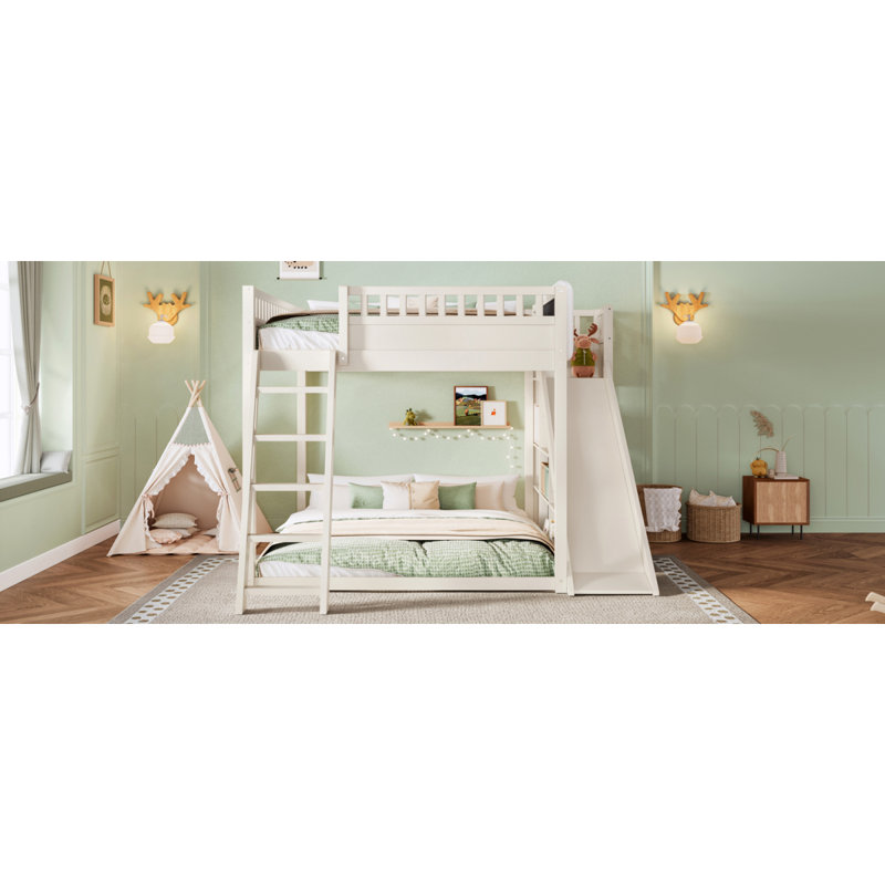 Grand lit mezzanine avec tête de lit tapissier et tablettes de rangement, complet avec échelle et glissoire, beige, Grand lit