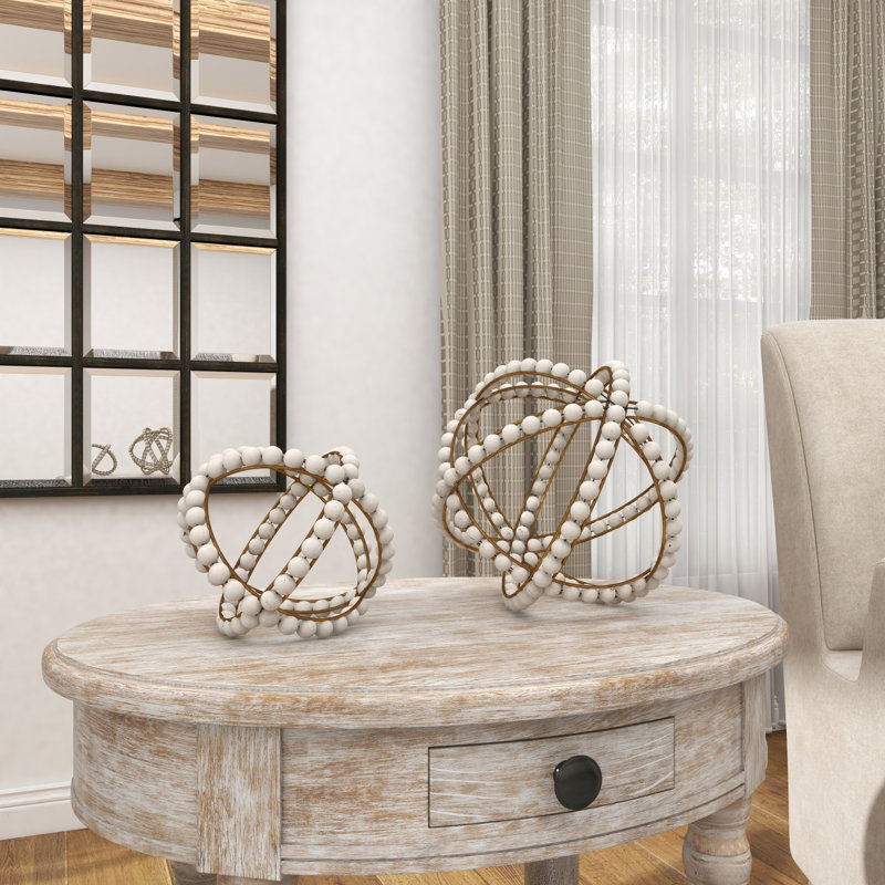 Metal Handmade Beaded Geometric Decorative White Sculpture Set