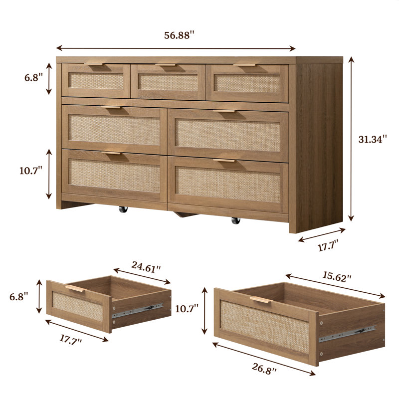 56.88" W Bohemian Rattan 7-Drawer Dresser With Ample Storage, Caramel Oak