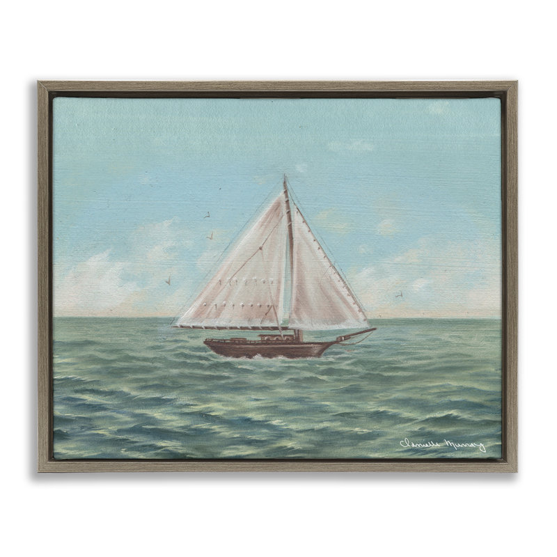 Art mural sur toile flottant vert avec voilier classique, design par Danielle Murray, Cadre flottant orme Montalcino
