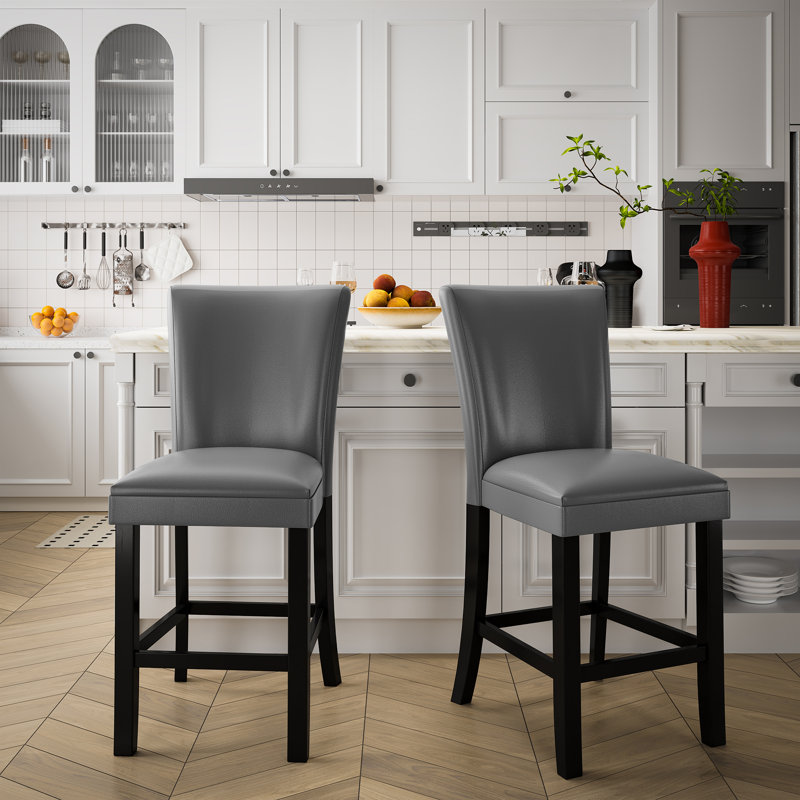 Flack Upholstered Counter Stool with Solid Wood Frame, Grey