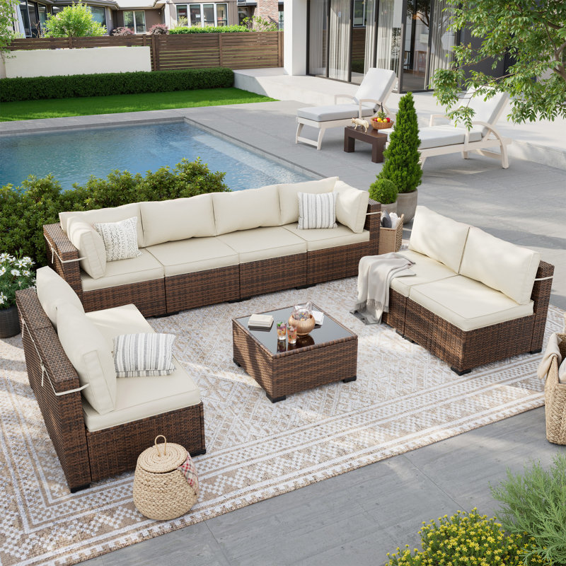Dinyu Wicker 8 - Person Modular Patio Conversation Set with Cushions, Cream