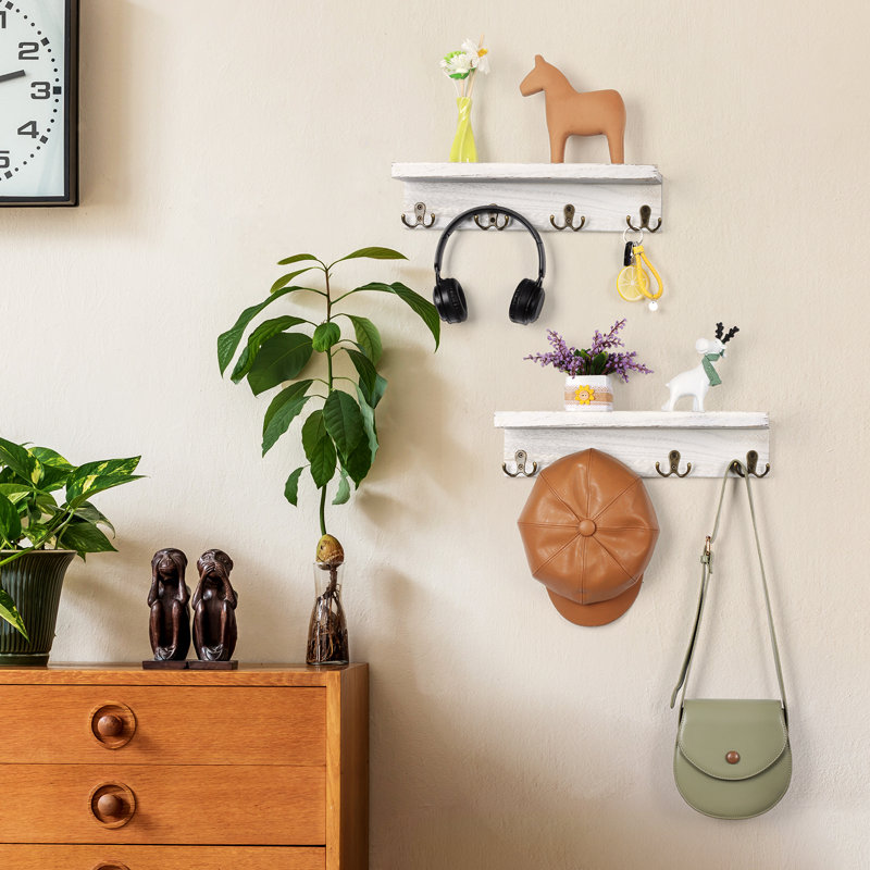 Landess Rustic White Wall Shelf with Hooks