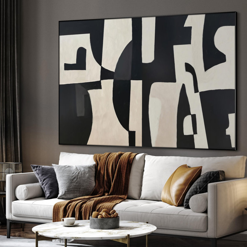 Très grand imprimé mural d'art en tissu - Motif géométrique abstrait noir et blanc, décor minimaliste moderne pour le salon ou la chambre à coucher - «Assemblage requis du cadre (cadre non fini)»
