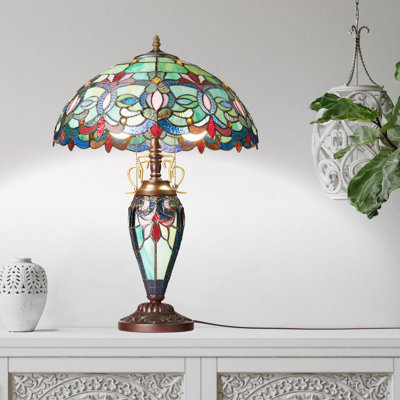 24.5"H Victorian Green Dome Shade Double Lit Tiffany-Style Stained Glass Table Lamp