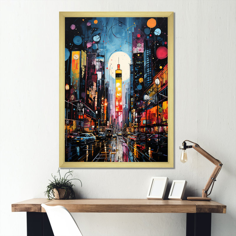New York City Time Square Lights I - New York City Wall Art, 40" H x 30" W x 1.5" D, Gold Picture Framed