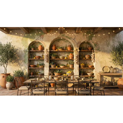 Tuscan Pantry Niche Wall Mural Olive Trees Terracotta Pottery Rustic Mediterranean Still Life Wallpaper for Home Decor