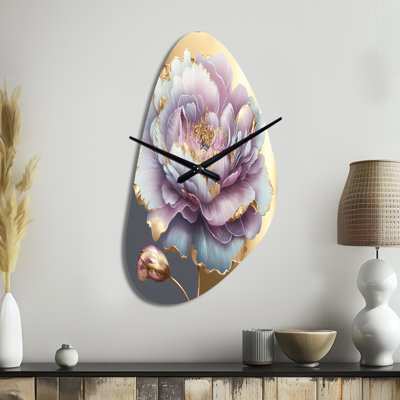 Purple Hue Single Flower I - Flowers Asymmetrical Metal Wall Clock, Pink Irregular Shape Clock Print