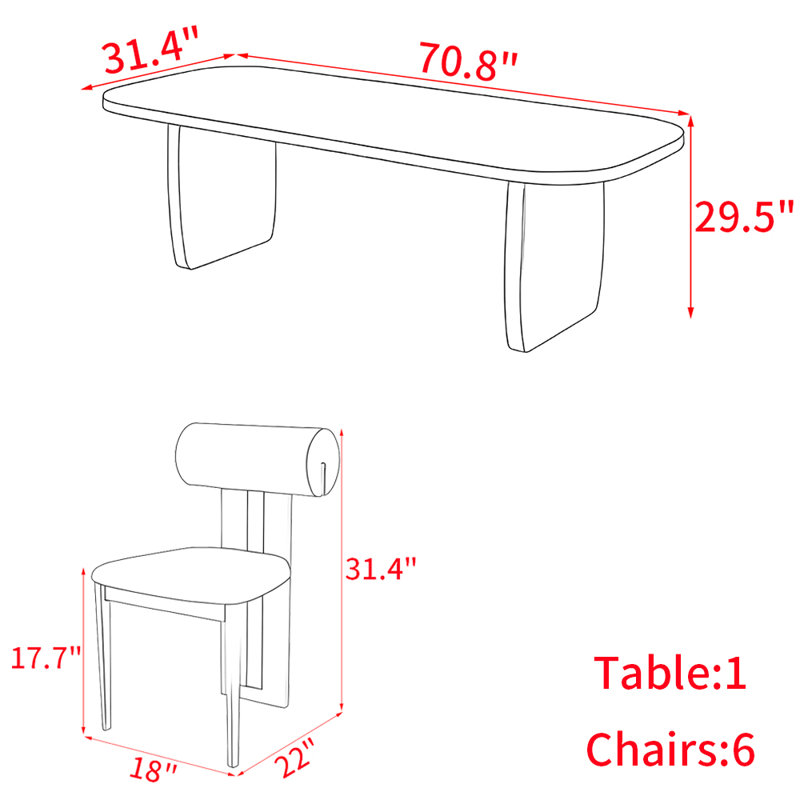 French style solid wood dining table set, 29.5"H x 70.8"L x 31.4"W, White/Brown, Black