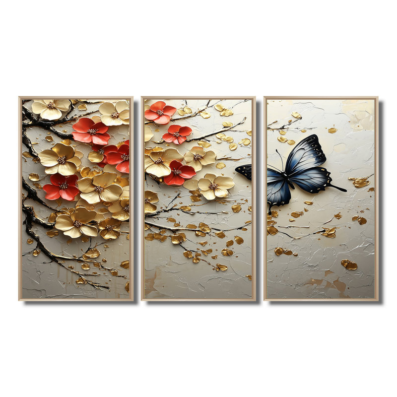 Ensemble de décoration murale papillon bleu sur branche de cerisier doré II, Toile avec cadre flottant or