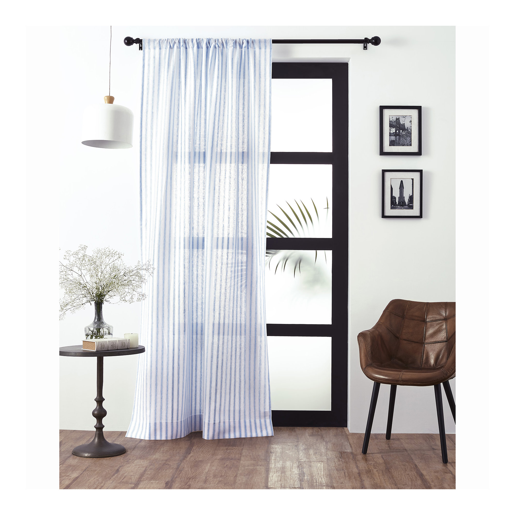 Capri Ticking Stripe - 100% Pure Linen Curtain, Sky Blue and White, 52" W x 108" L