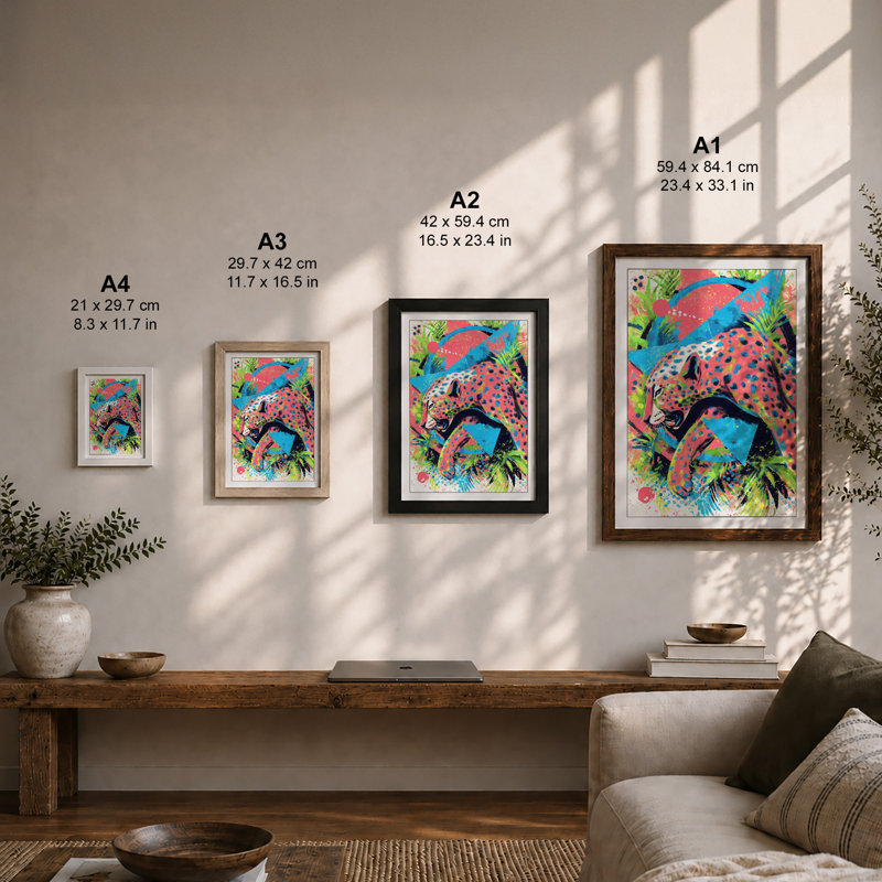 Leopard in Bloom Maximalist 1 Piece Single Picture Frame Wall Art, A3 - 42.0 x 29.7 cm, Oak