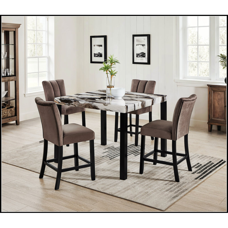 Ensemble de salle à manger 5 pièces à hauteur de comptoir en faux marbre avec table carrée et chaises incurvées rembourrées pour une salle à manger élégante