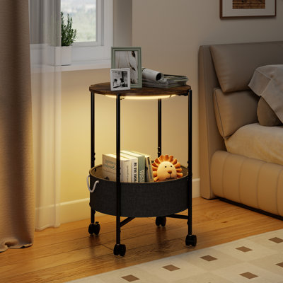 Round Side Table with LED Light & Wheels, 3 Colour Dimmable Mobile Bedside Table with Cotton-Linen Storage Basket for Living Room Bedroom
