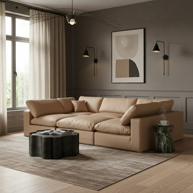 Canapé modulaire réversible de 120 po en similicuir de large avec repose-pieds, Cuir brun clair végétalien