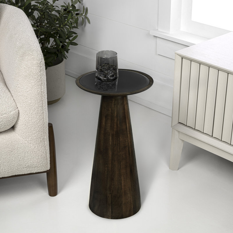 Linden 21.5" Mango Wood Drink Table and Decorative End Table with Round  Cone Pedestal Base, Walnut