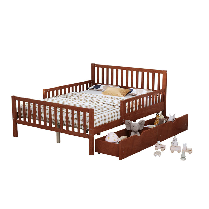 Full Size Wood Platform Bed with Guardrails on Both Sides and Two Storage Drawers, Walnut, Walnut, Full