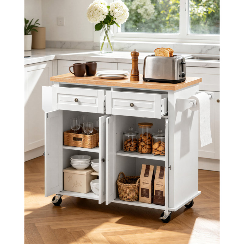 Kitchen Island Cart with Storage, 43.7 in Wide Mobile Rolling Storage Island on Swivel Wheels, with 2 Drawers, Storage Cabinet, Spice/Towel Rack, Hooks, Table for Home Dining Room, White