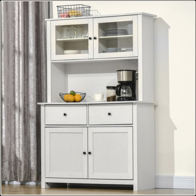 Buffet de cuisine 63,5 "avec huche, armoire de rangement pour garde-manger avec 4 tablettes, tiroirs, portes en verre encadrées, comptoir à micro-ondes ouvert